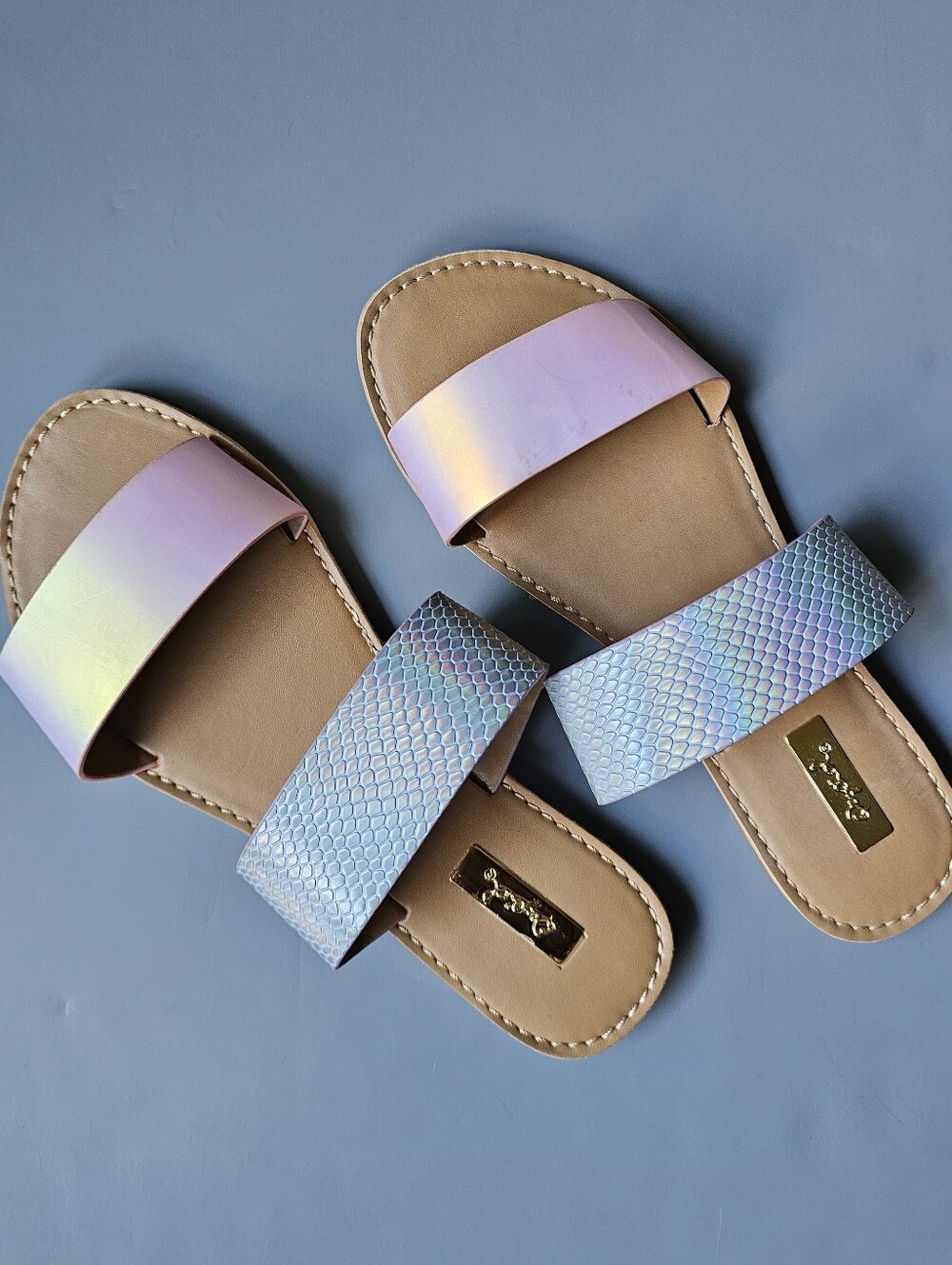 Qupid Iridescent Pastel Double-Strap Slide Sandals